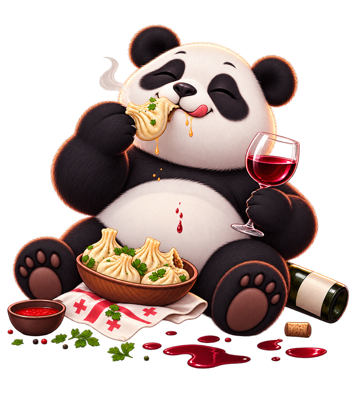 Panda eating khinkali and holding a glass of wine